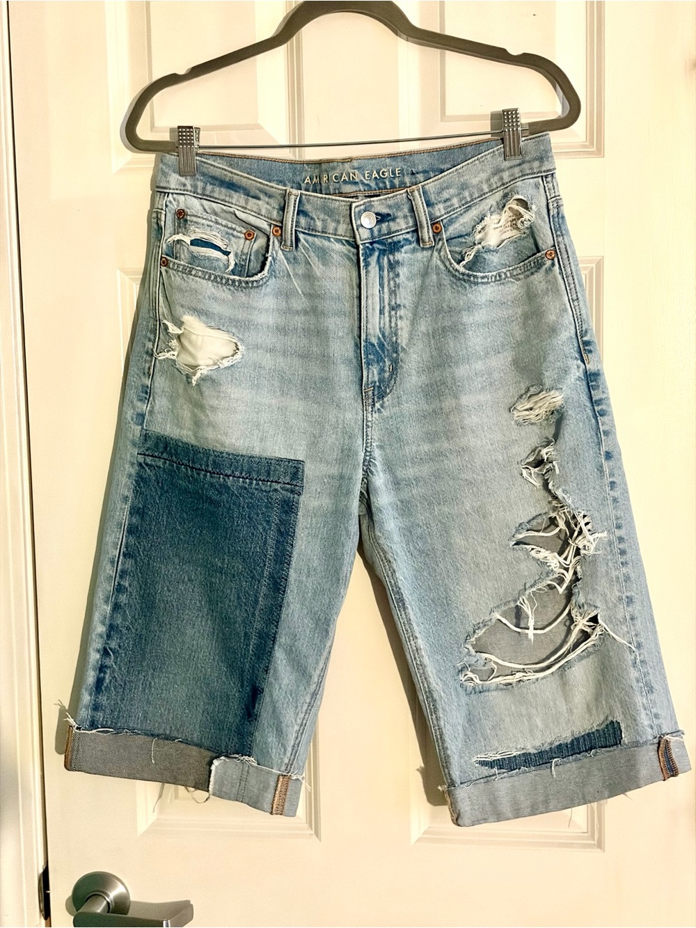 American Eagle  Light Blue Distressed vintage Denim Patchwork jorts